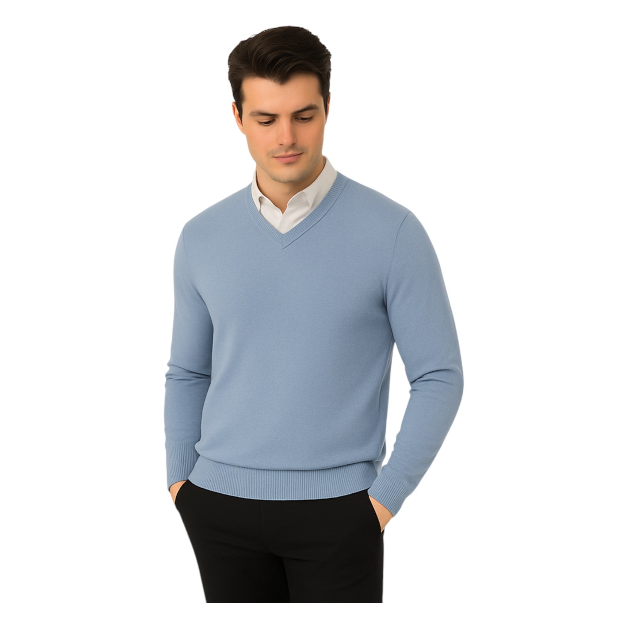 Men’s classic denim blue v-neck jumper – soft knit pullover sweater with long sleeves